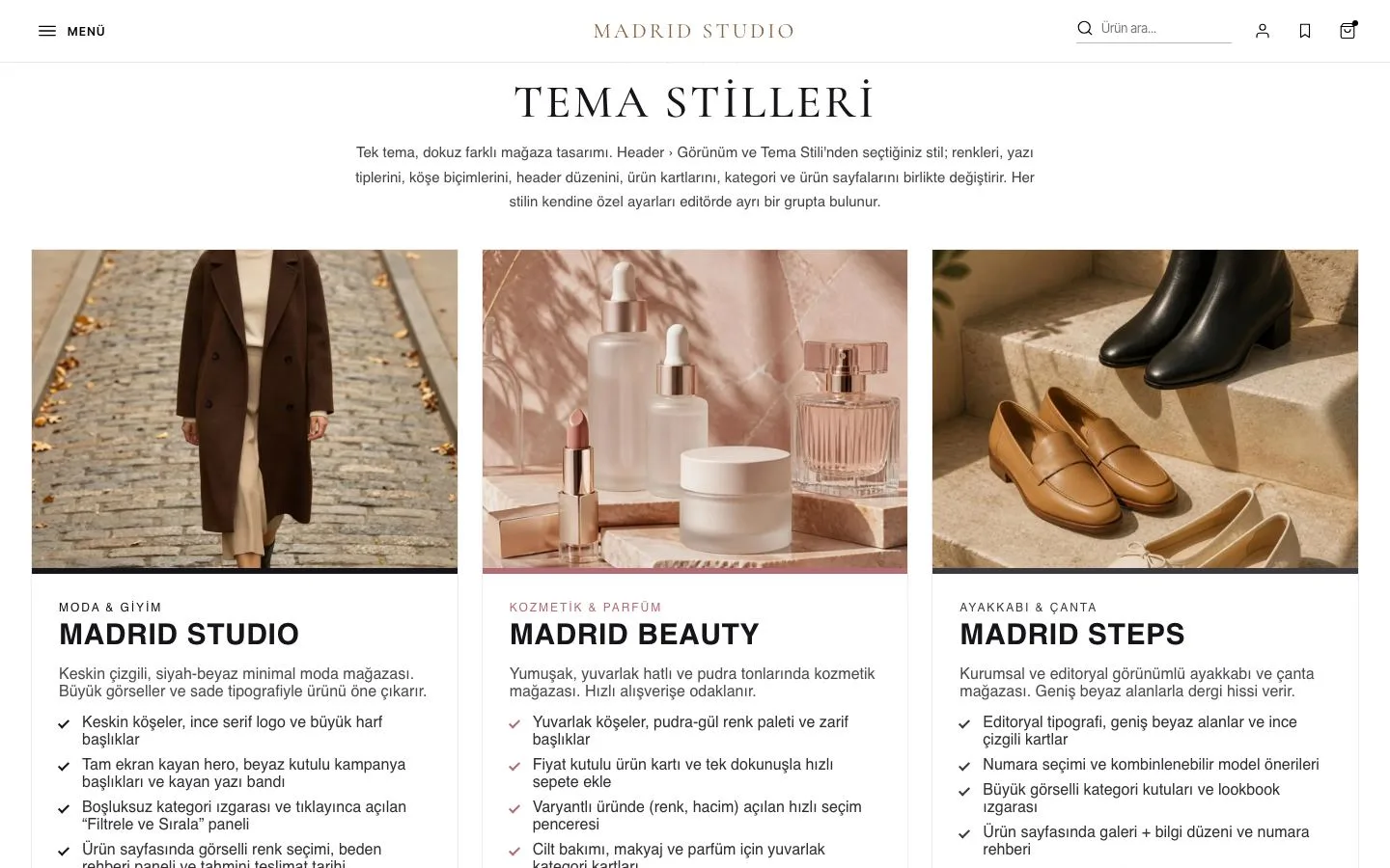 Tema Özellikleri sayfasındaki tema stili kartları